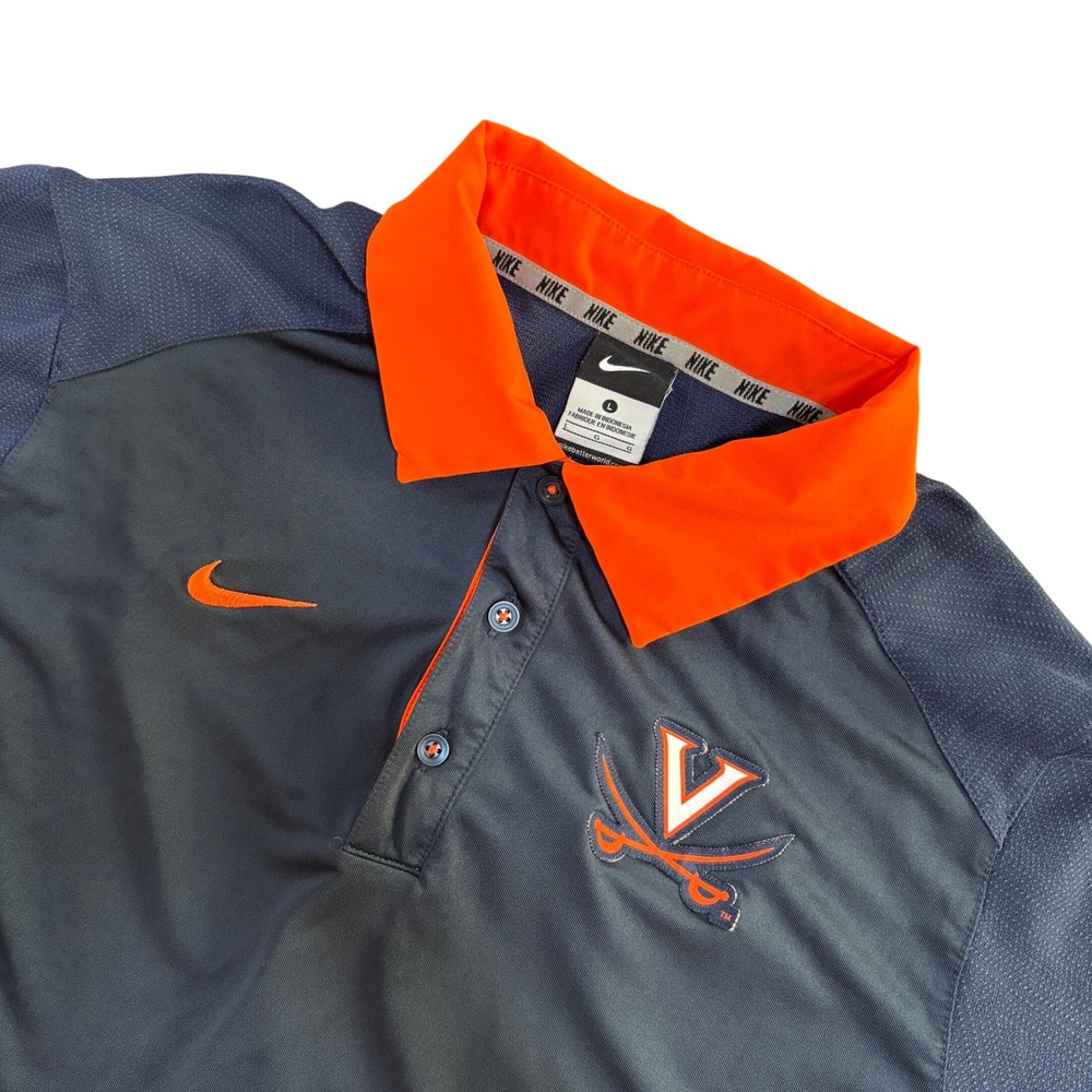 Nike Virginia Cavaliers Polo Shirt Mens Large Navy Blue Orange Dri-Fit Sabres